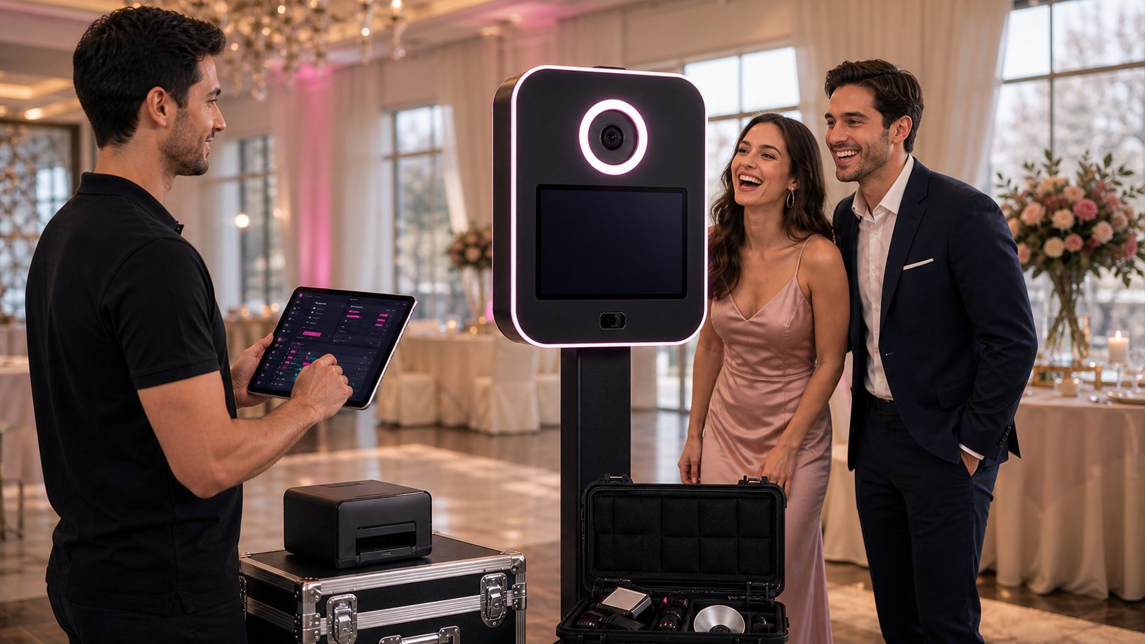 Fotobox Aufbau mit Hardware und Transportkoffer